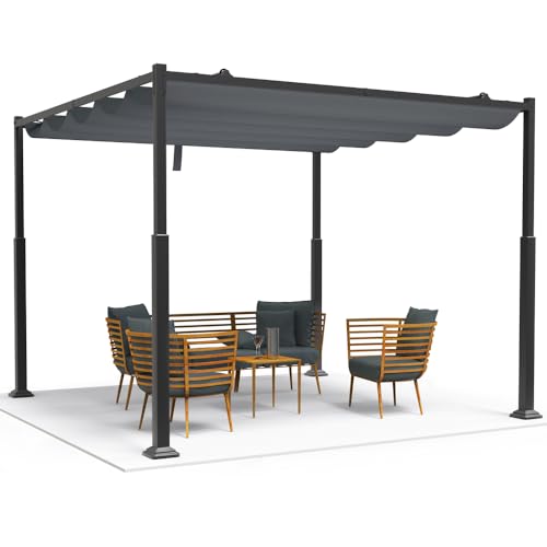VOUNOT 3x3m Metal Pergola with Retractable Roof, Gazebo with Sun Shade Canopy for Garden Patio Outdoor, Grey